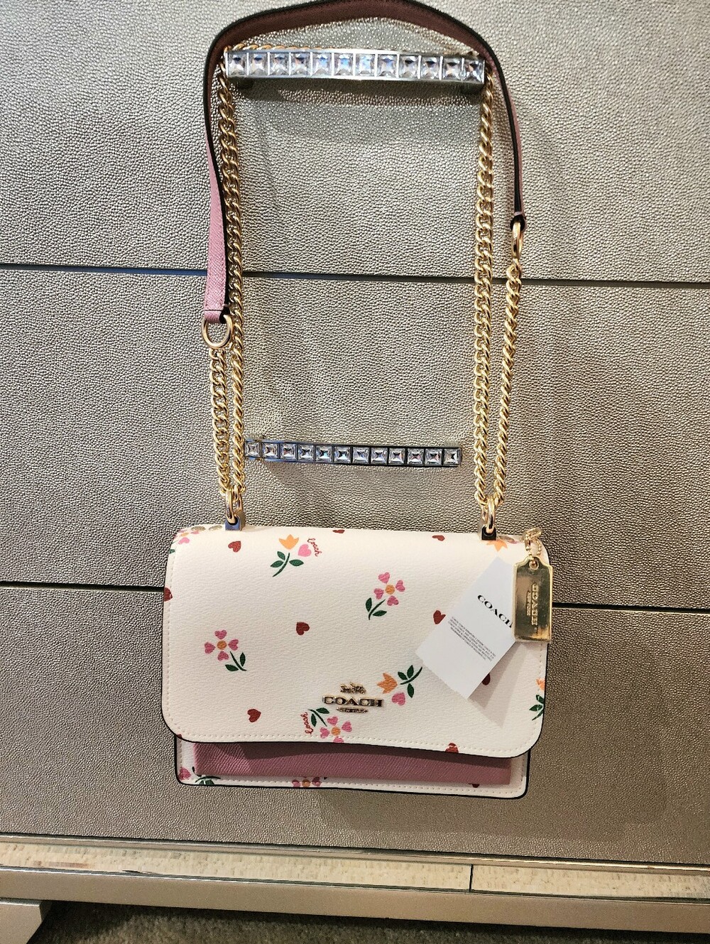 Coach Heart Petal Floral Purse Bag Gold Chain Crossbody Klaire Pink New C7596 - Picture 6 of 6
